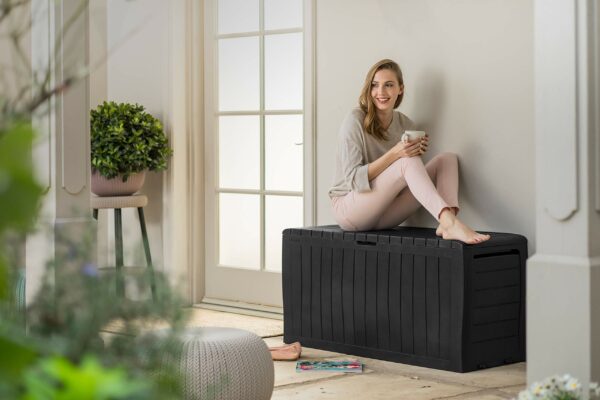 270L Outdoor Garden Storage Box, Graphite Wood Effect, Weather-Resistant, 2-Year Warranty