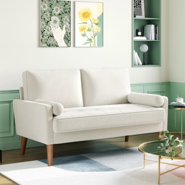 2 Seater Sofa Beige Comfy Sofa Couch with Spring Cushion Velvet Sofa with Wood Legs