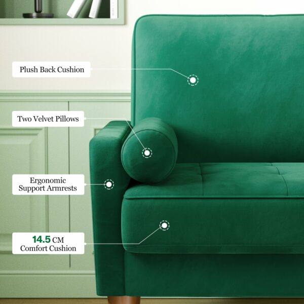 2 Seater Sofa Green Comfy Sofa Couch with Spring Cushion Velvet Sofa with Wood Legs