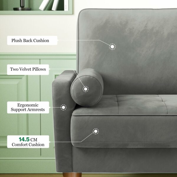 2 Seater Sofa Grey Comfy Sofa Couch with Spring Cushion Velvet Sofa with Wood Legs