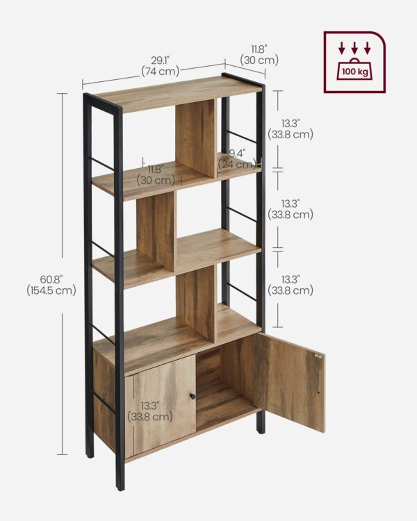 Industrial Toasted Oak and Black Bookshelf with Doors, 4 Shelves, Steel Frame