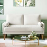 2 Seater Sofa Beige Comfy Sofa Couch with Spring Cushion Velvet Sofa with Wood Legs