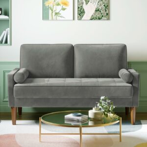 2 Seater Sofa Grey Comfy Sofa Couch with Spring Cushion Velvet Sofa with Wood Legs