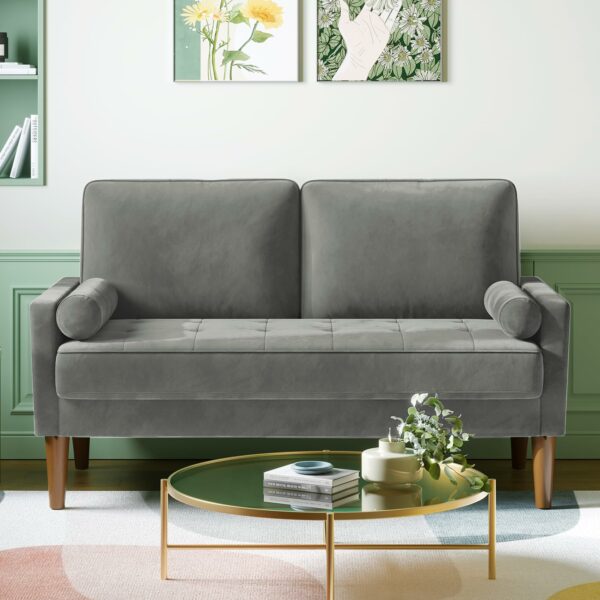 2 Seater Sofa Grey Comfy Sofa Couch with Spring Cushion Velvet Sofa with Wood Legs