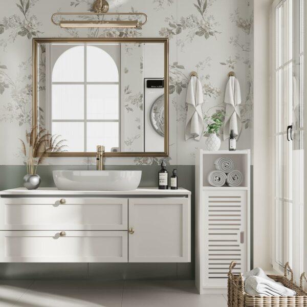 White Bathroom Floor Cabinet with 3 Tiers and Door