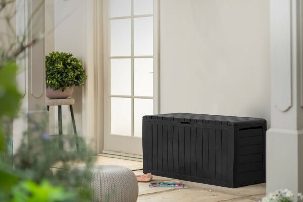 270L Outdoor Garden Storage Box, Graphite Wood Effect, Weather-Resistant, 2-Year Warranty