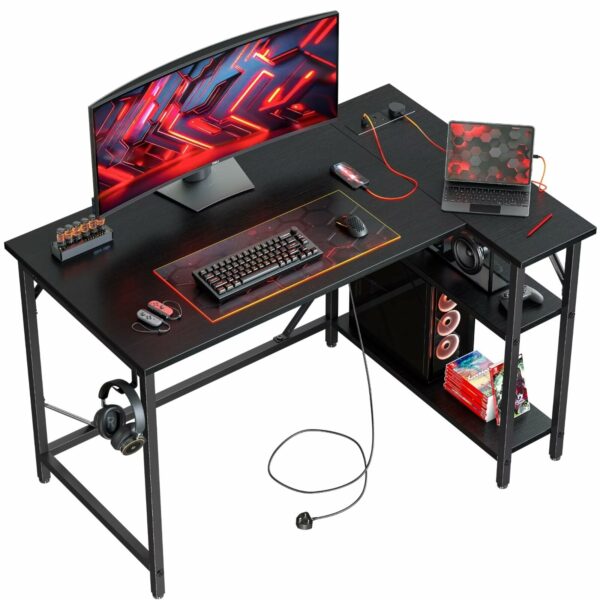 L Shaped Gaming Desk with Power Outlets 100x70cm Black