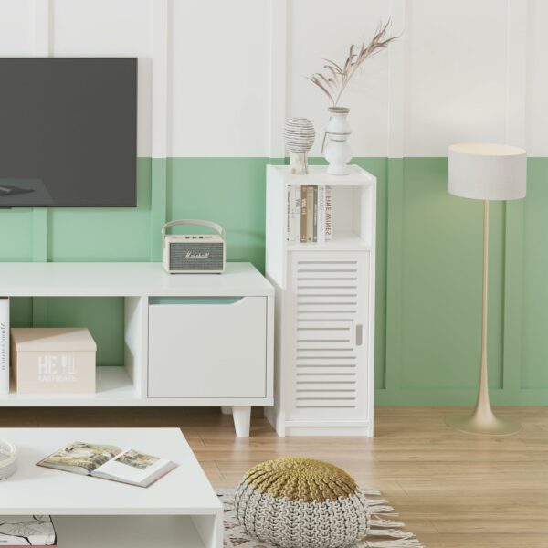 White Bathroom Floor Cabinet with 3 Tiers and Door