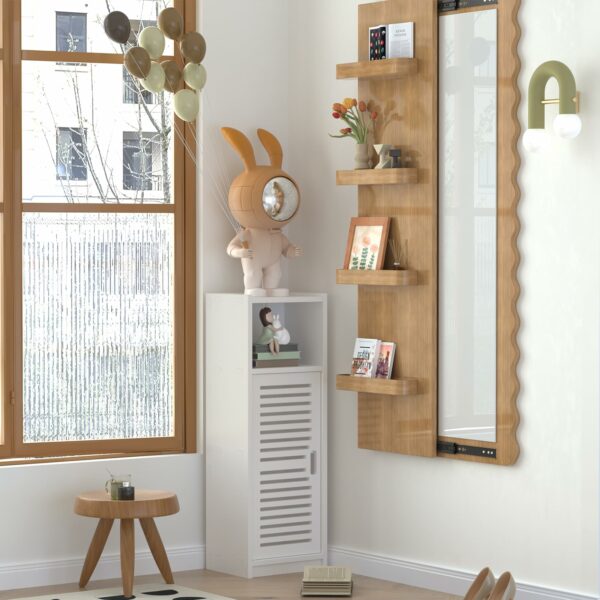 White Bathroom Floor Cabinet with 3 Tiers and Door