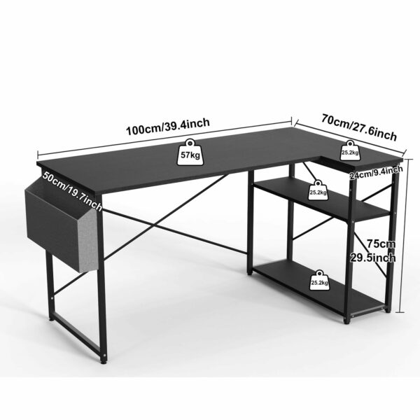 L-Shaped Gaming Desk 100x70 cm with Storage Shelves and Bag Black