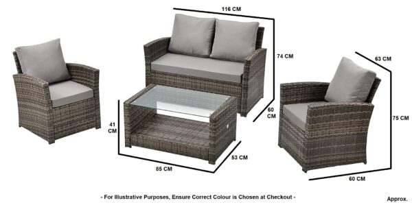 Rattan Garden Sofa Set – Grey 4 Seater with Cushions and Glass Coffee Table