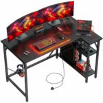 L Shaped Gaming Desk with Power Outlets 120x70cm Black