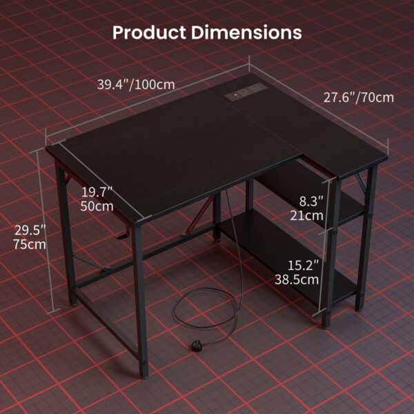 L Shaped Gaming Desk with Power Outlets 100x70cm Black