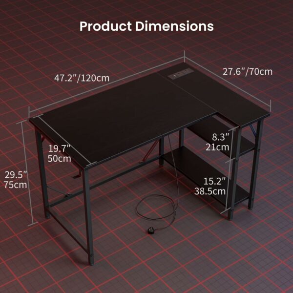 L Shaped Gaming Desk with Power Outlets 120x70cm Black