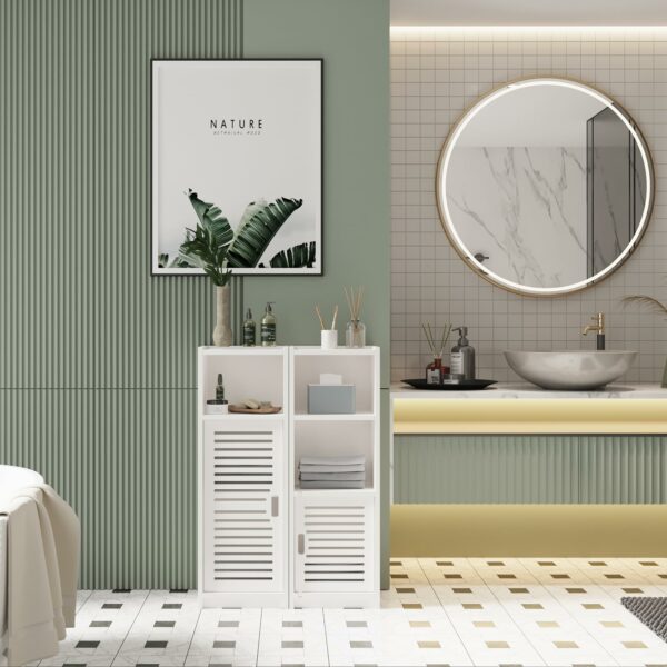White Bathroom Floor Cabinet with 3 Tiers and Door