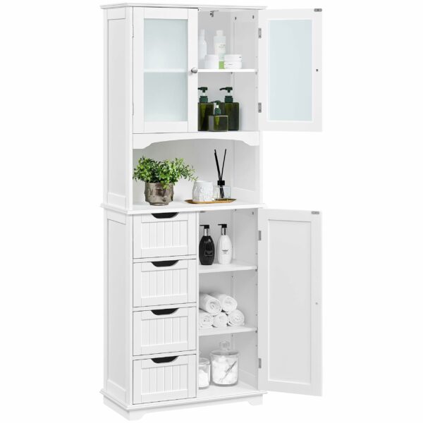 Tall Freestanding Bathroom Floor Cabinet – 4 Drawers & Glass Doors
