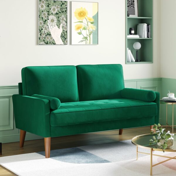 2 Seater Sofa Green Comfy Sofa Couch with Spring Cushion Velvet Sofa with Wood Legs