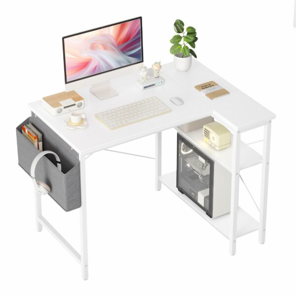 L-Shaped Gaming Desk 100x70 cm with Storage Shelves and Bag White