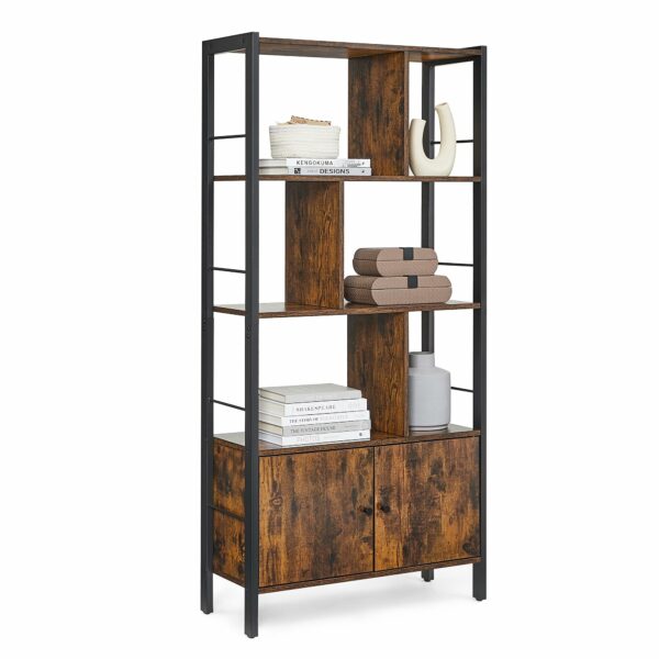 Rustic Brown and Black Industrial Bookshelf with Doors, 4 Shelves, Steel Frame