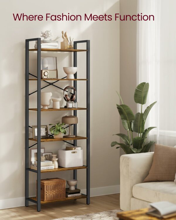 Industrial 6-Tier Bookshelf, Rustic Brown and Black