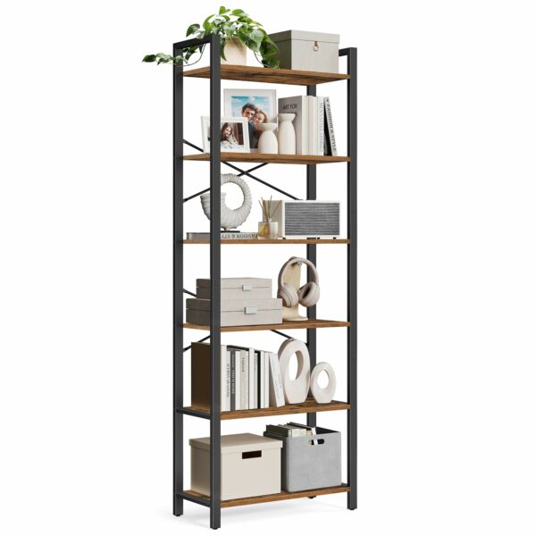 Industrial 6-Tier Bookshelf, Rustic Brown and Black