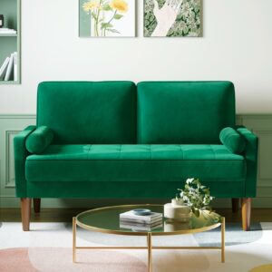 2 Seater Sofa Green Comfy Sofa Couch with Spring Cushion Velvet Sofa with Wood Legs