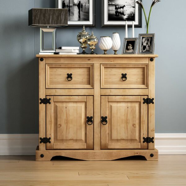 Solid Waxed Pine Wood Sideboard, 2 Doors 2 Drawers