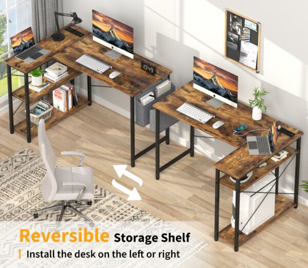 Corner Desk L-Shaped with Power Outlet and Shelves – Rustic Brown