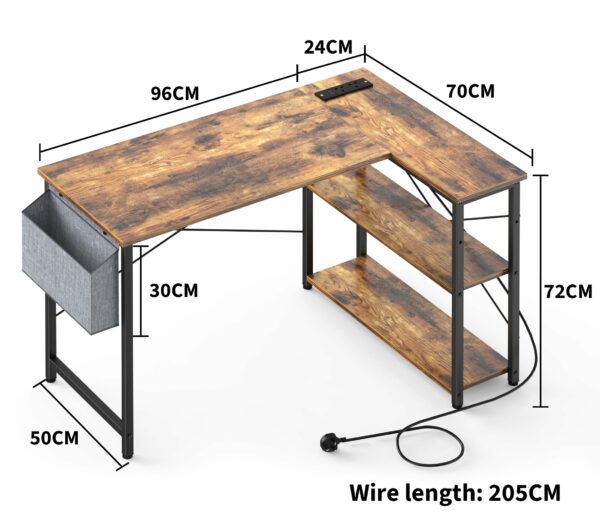 Corner Desk L-Shaped with Power Outlet and Shelves – Rustic Brown