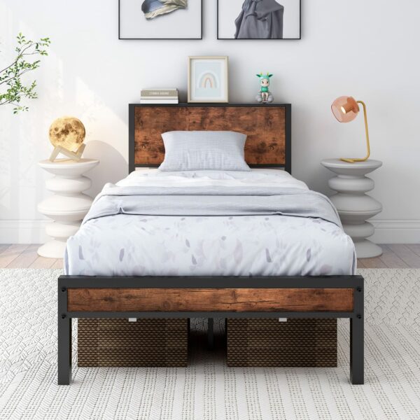 Single Size Bed Frame with Storage Wooden Headboard 90×190cm