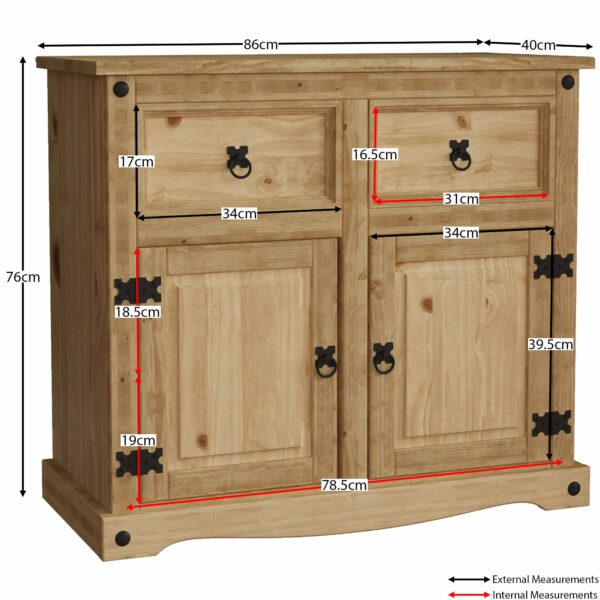 Solid Waxed Pine Wood Sideboard, 2 Doors 2 Drawers