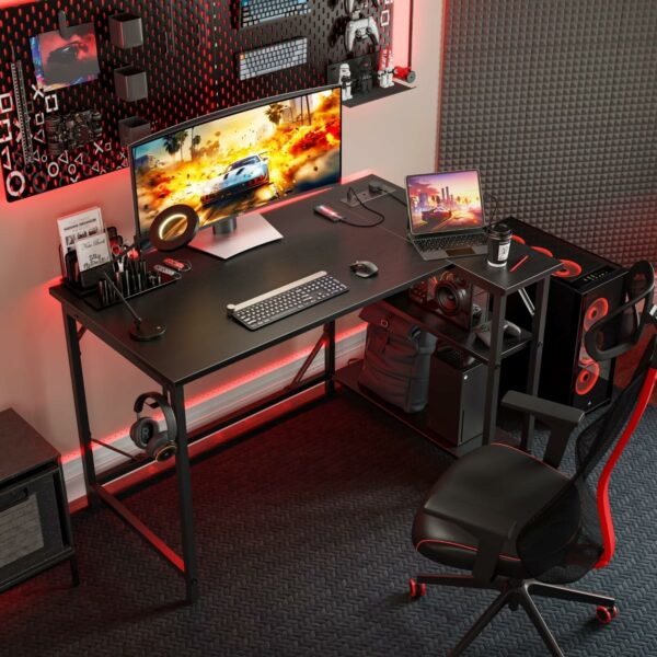 L Shaped Gaming Desk with Power Outlets 120x70cm Black