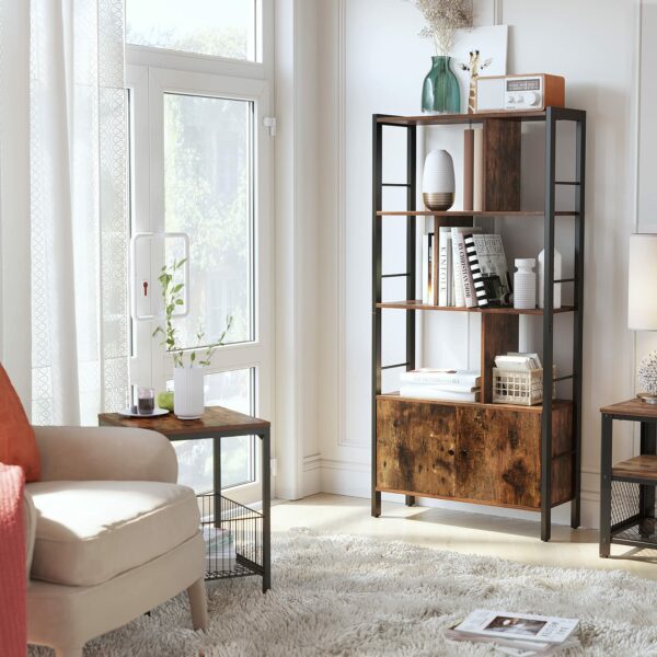 Rustic Brown and Black Industrial Bookshelf with Doors, 4 Shelves, Steel Frame