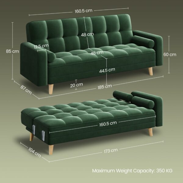 Modern Velvet Sofa Bed 3 Seater Click Clack Sofa Green
