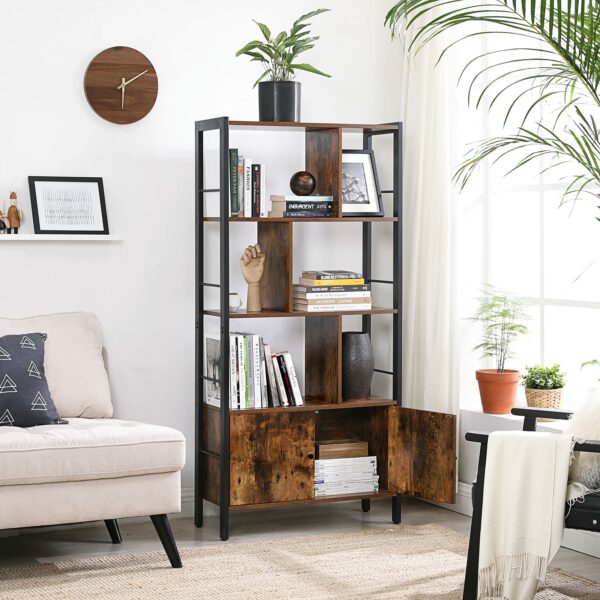 Rustic Brown and Black Industrial Bookshelf with Doors, 4 Shelves, Steel Frame