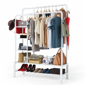 White Metal Clothes Rail with Shoe Rack, Shelves & Coat Hooks, 120KG Capacity