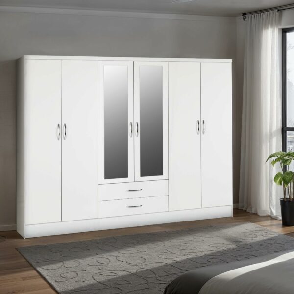 Wardrobe 6 Door 2 Drawer in White Gloss