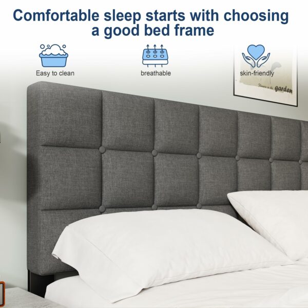King Bed Frame Easy Assembly Upholstered Platform with Headboard Gray 150×200