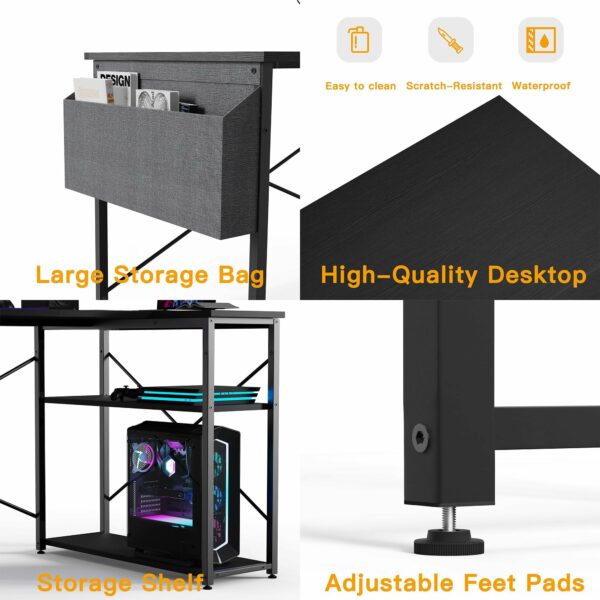 L-Shaped Gaming Desk 100x70 cm with Storage Shelves and Bag Black