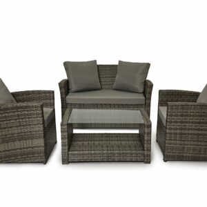 Rattan Garden Sofa Set – Grey 4 Seater with Cushions and Glass Coffee Table