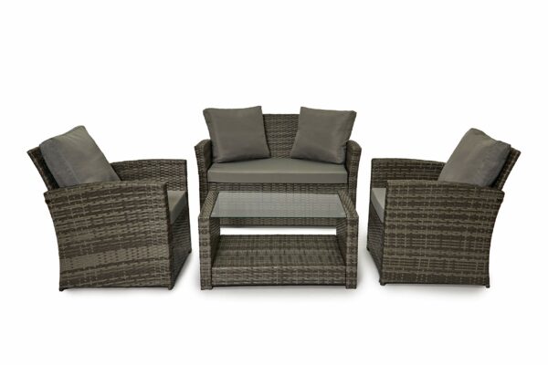 Rattan Garden Sofa Set – Grey 4 Seater with Cushions and Glass Coffee Table