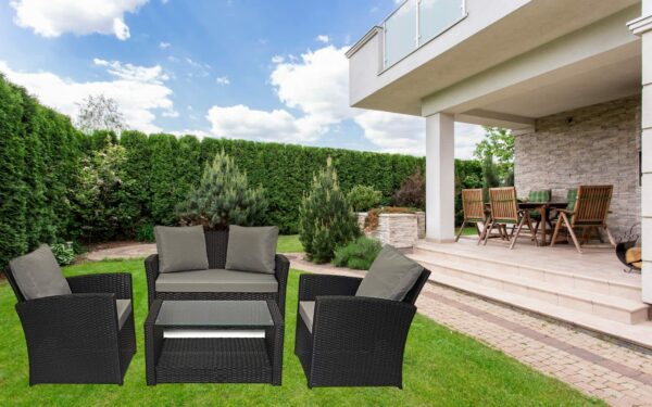 Rattan Garden Furniture Set – Black 4 Seater with Cushions & Glass Coffee Table