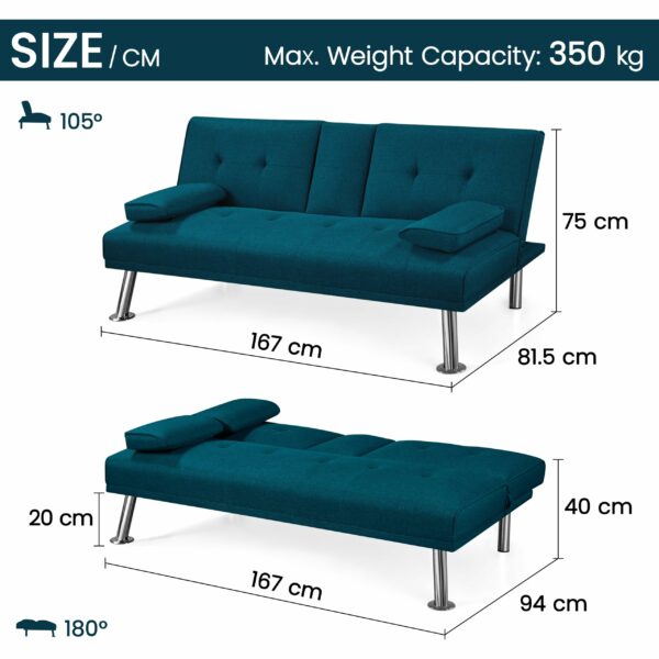 Sofa Bed Fabric Click Clack Sofa Bed with 2 Cup Holders Aqua Blue