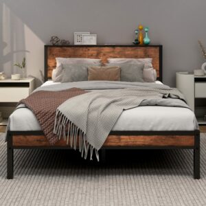 Double Size Bed Frame with Storage Wooden Headboard 135×190cm
