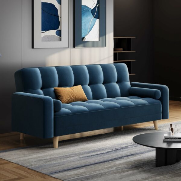 Modern Velvet Sofa Bed 3 Seater Click Clack Sofa Blue
