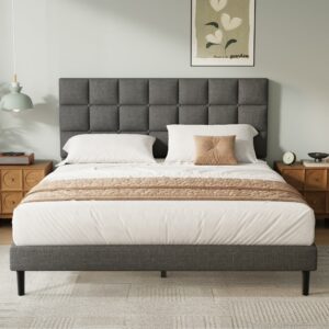 King Bed Frame Easy Assembly Upholstered Platform with Headboard Gray 150×200