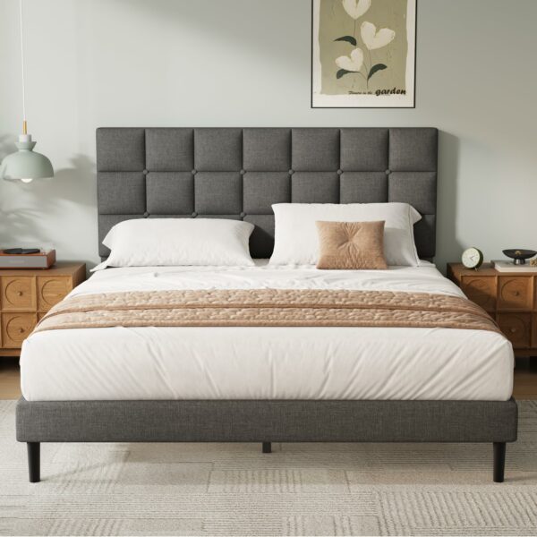 King Bed Frame Easy Assembly Upholstered Platform with Headboard Gray 150×200