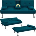 Sofa Bed Fabric Click Clack Sofa Bed with 2 Cup Holders Aqua Blue