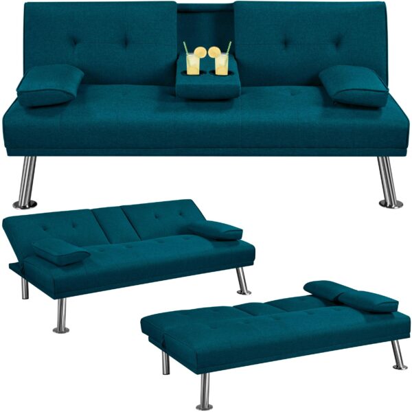 Sofa Bed Fabric Click Clack Sofa Bed with 2 Cup Holders Aqua Blue