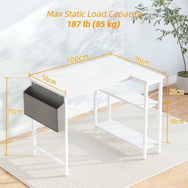 L-Shaped Gaming Desk 100x70 cm with Storage Shelves and Bag White